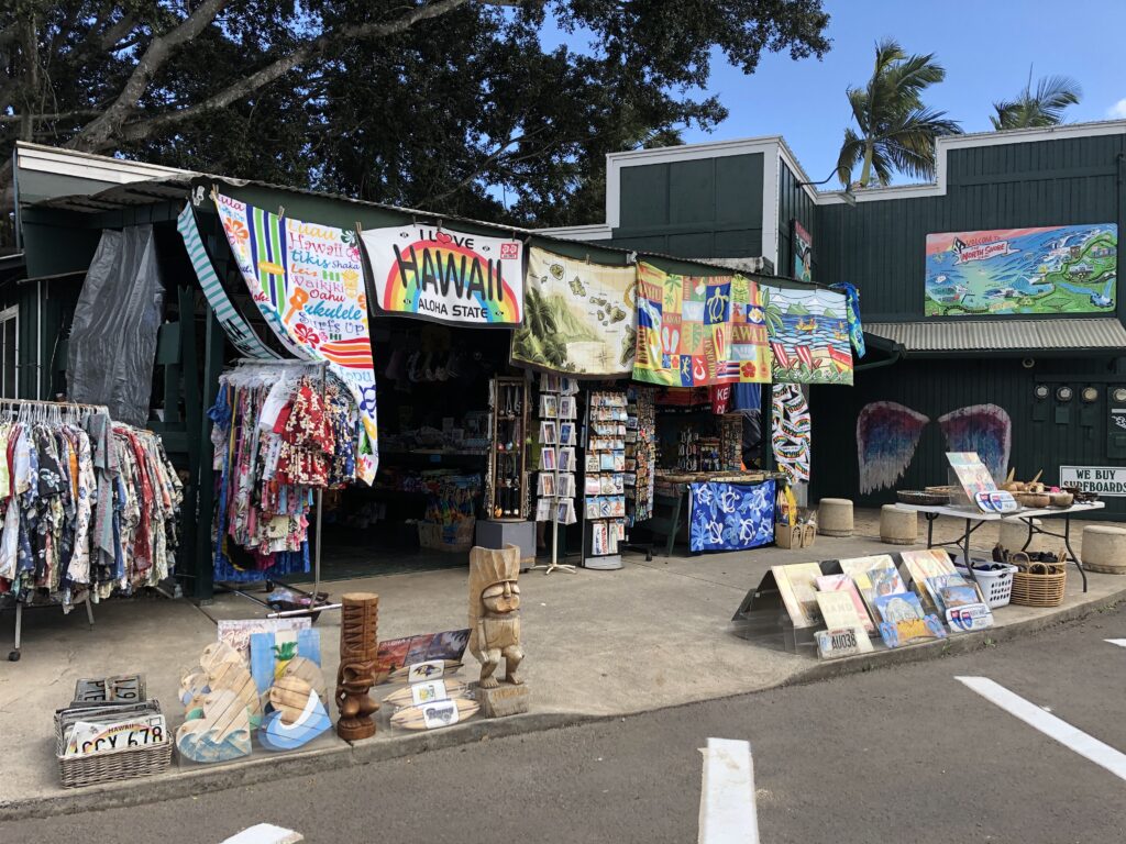 Tropical Rush in Haleiwa has these pair of wings painted out behind. Short people might need a stool. This is the most popular Instagram worthy photo spot in Haleiwa. 