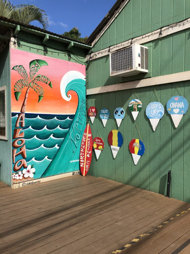 Aoki's shaved ice has this cute little painting to take a picture next to. Stop by when you are in Haleiwa. Definitely an Instagram worthy photo spot in Haleiwa. 