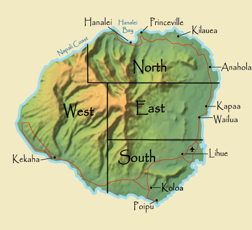 A helpful and handy regional map of the island of Kauai. 