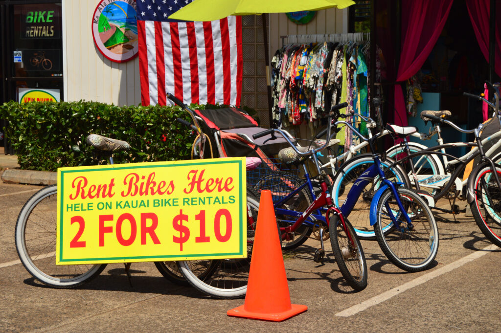 If you're staying in the Kapaa area in Kauai, I recommend renting a bicycle to get you around the area. There's a lot of traffic in Kapaa so if you need to go somewhere close, use a bicycle instead. 