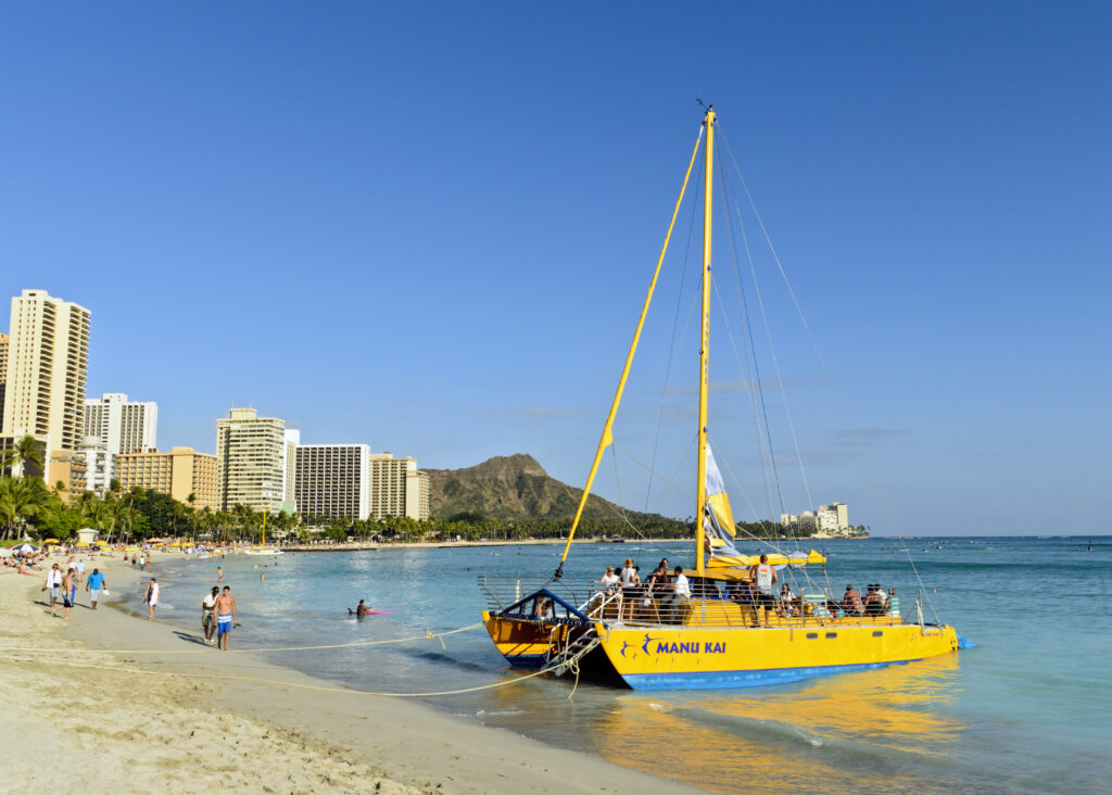 Take a ride on a Catamaran in Waikiki. It's fun and you'll enjoy a great view of Waikiki from the ocean. Make this one of the things to do when on Oahu. 